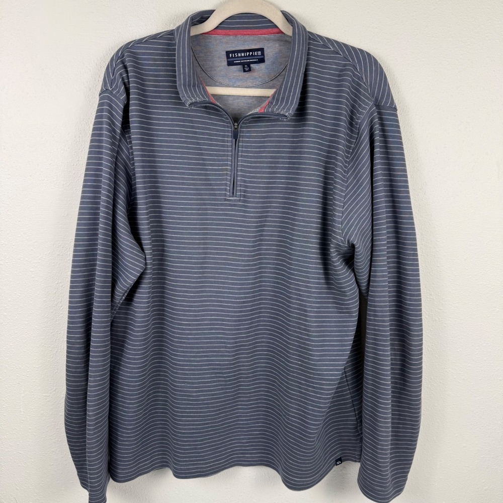 Fish Hippie Co Mens Quarter Zip Pullover Shirt Long Sleeve Striped Size XL‎ EUC